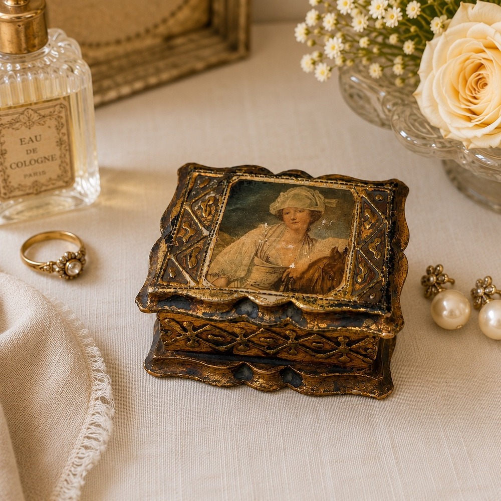 Vintage Italian Florentine Gilt Wood Trinket Box Portrait Art Gold Leaf Decor